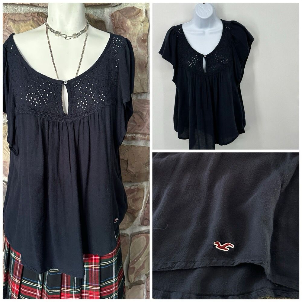 Black Eyelet Sleeve Button Down Tunic Blouse Women Plus S oversized Casual Top